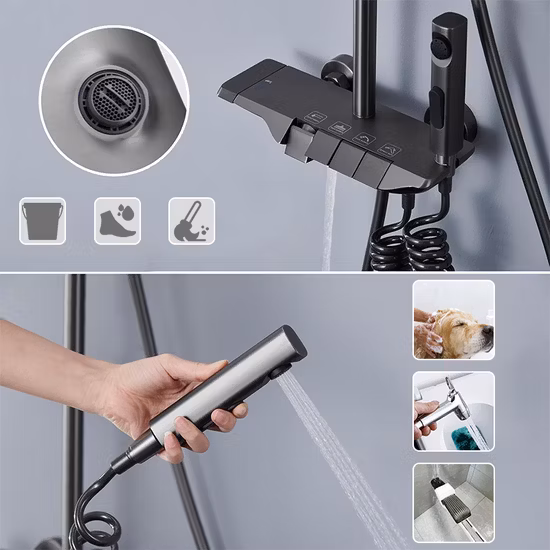 Juego de ducha de grifo de montaje en pared con sistema de ducha de baño de latón con pistola de Metal con diseño de piano de 4 funciones